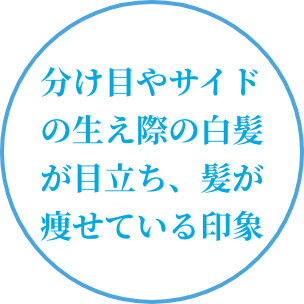 分け目やサイドの生え際の白髪が目立ち、髪が痩せている印象